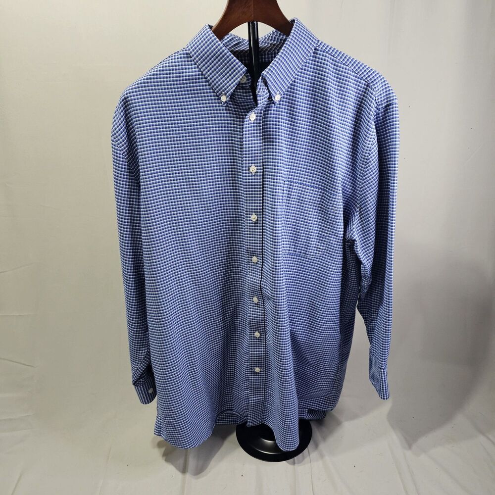 Men's Size 17 32/33 Stafford Button Front Blue White Plaid Wrinkle Free Shirt